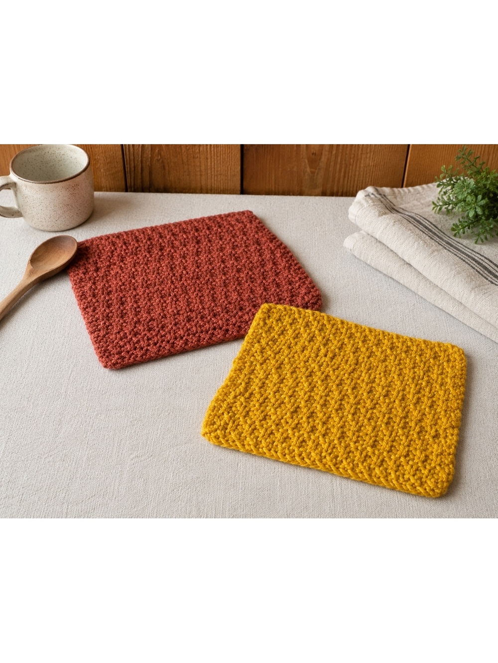 Crochet Dishcloth Set of 2 Handmade Style Cotton Kitchen Washcloths Mustard Rust